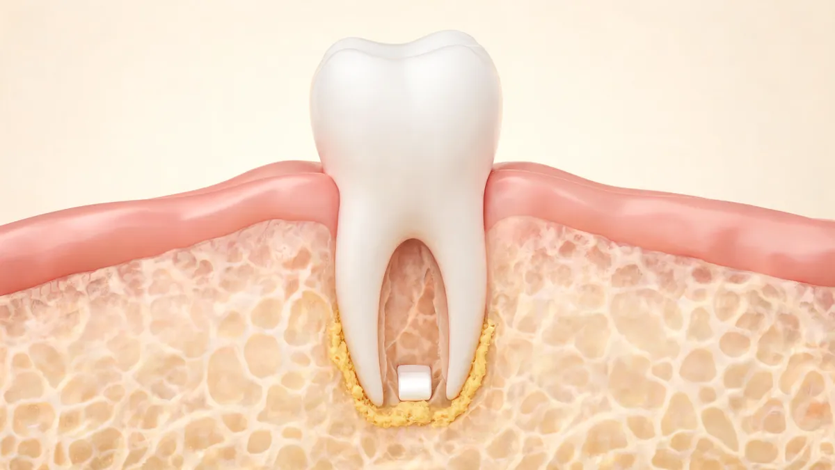 Illustration of a tooth in the jawbone with new bone, shown in gold, forming around the root tip