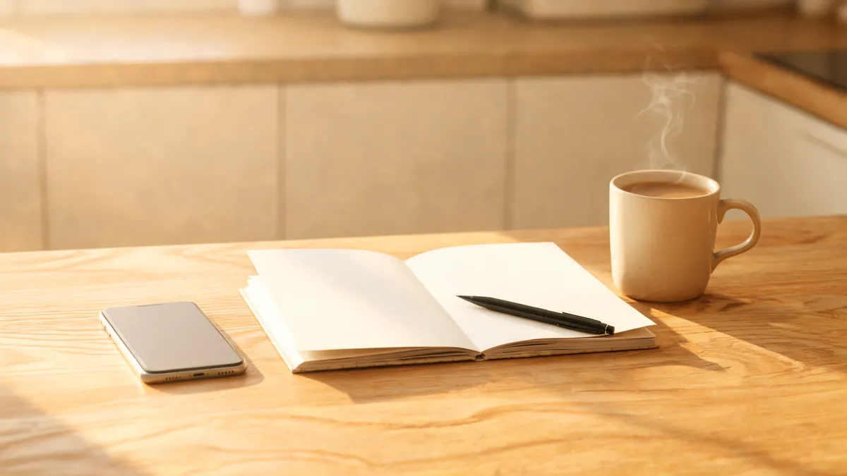 Smartphone, open paper planner, pen and a cup of coffee on a sunlit wooden table