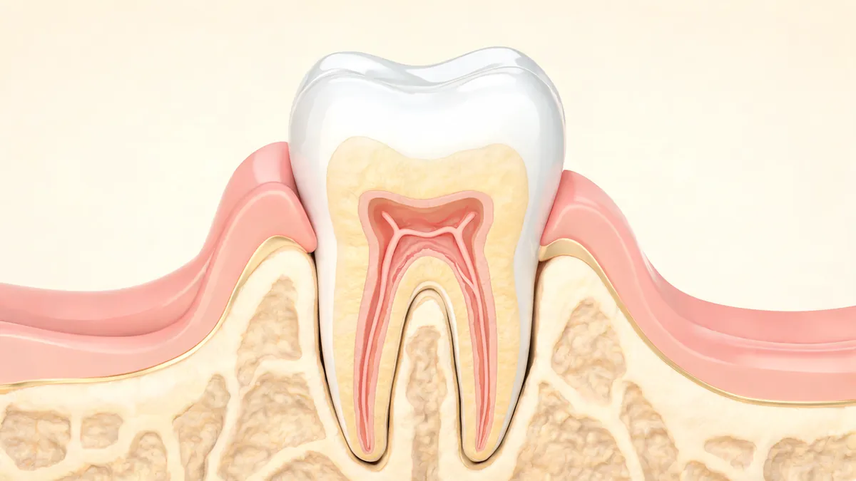 Illustration of a molar in cross-section showing the enamel, dentin, pulp chamber and two root canals inside the jawbone